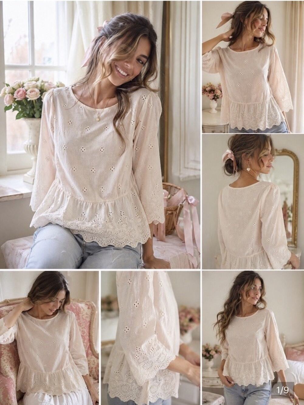 Valentina Naldi Italy Ivory Blush Eyelet Blouse Sz S Peplum Top Cottagecore Boho